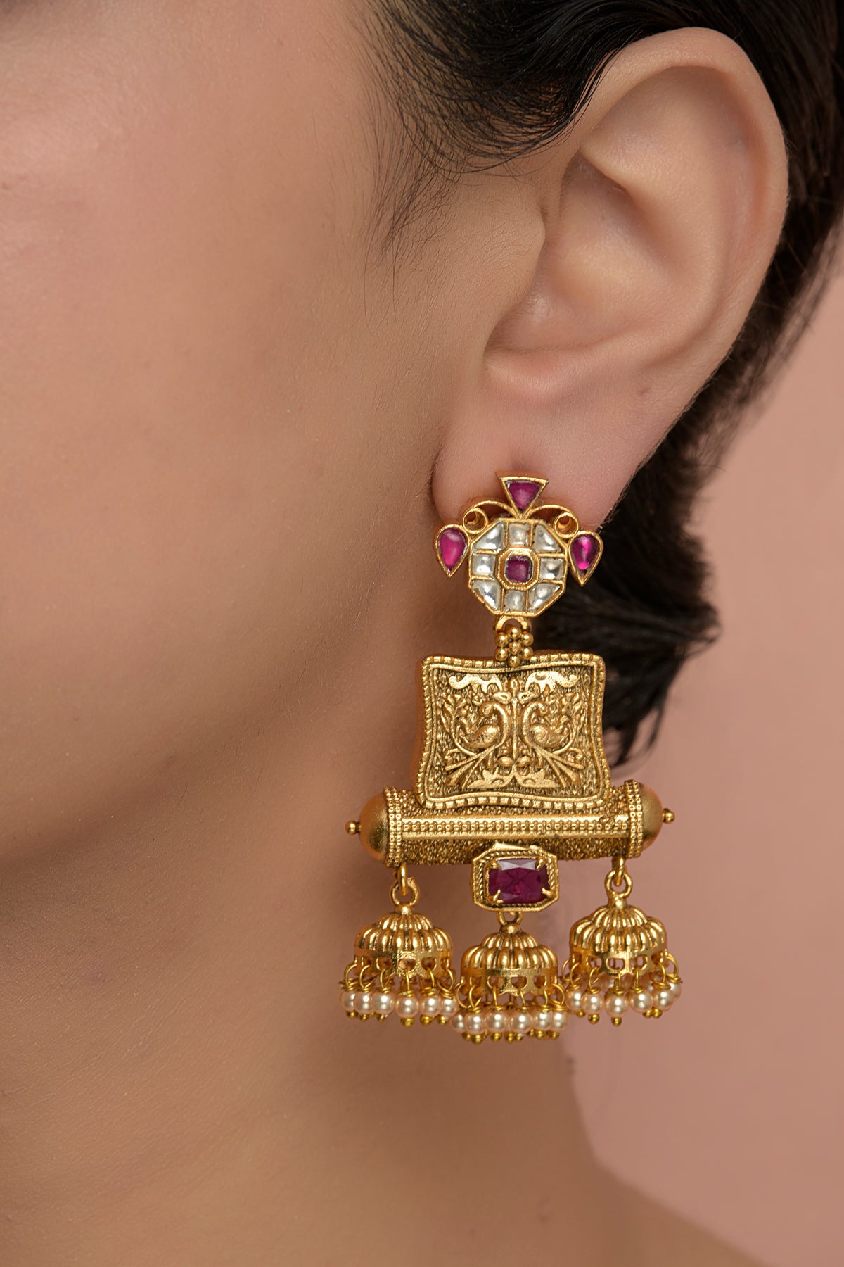 Gold Plated Pearl , Stone Dangler Earrings