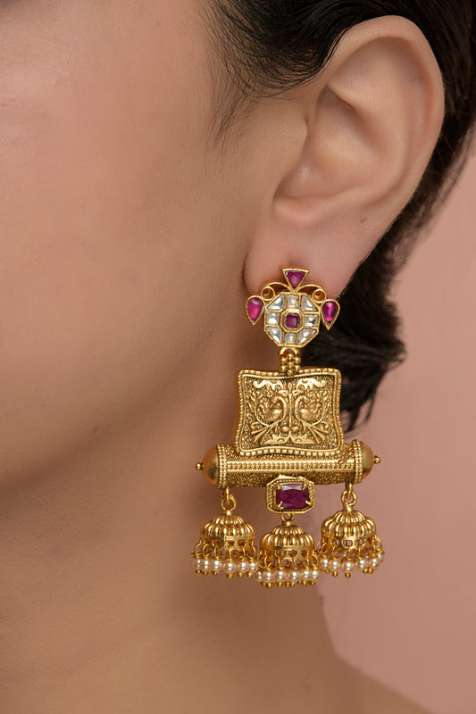 Gold Plated Pearl , Stone Dangler Earrings