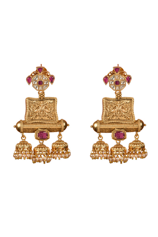 Gold Plated Pearl , Stone Dangler Earrings
