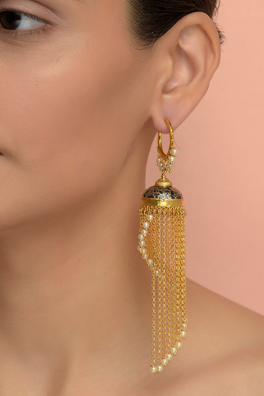 Gold Plated Taselled & Pearls Dangler Earrings