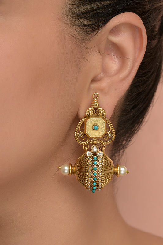 Gold Plated Turquoise Stone Structured Earrings