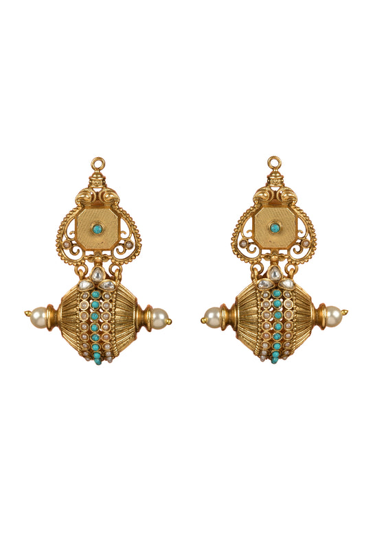 Gold Plated Turquoise Stone Structured Earrings
