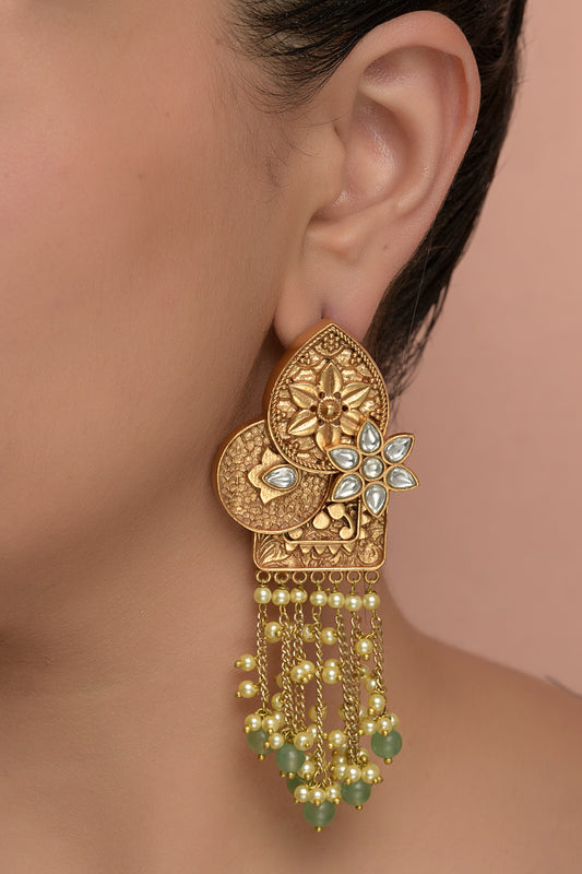 Gold Plated Carved Kundan Polki Dangler Earrings