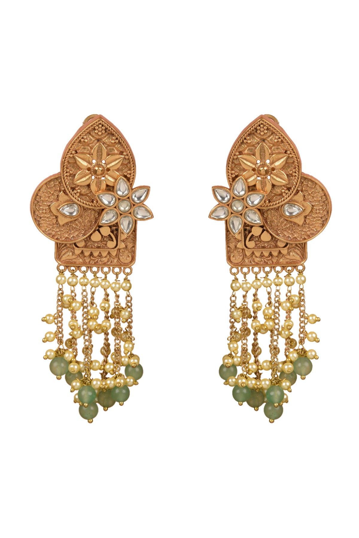 Gold Plated Carved Kundan Polki Dangler Earrings