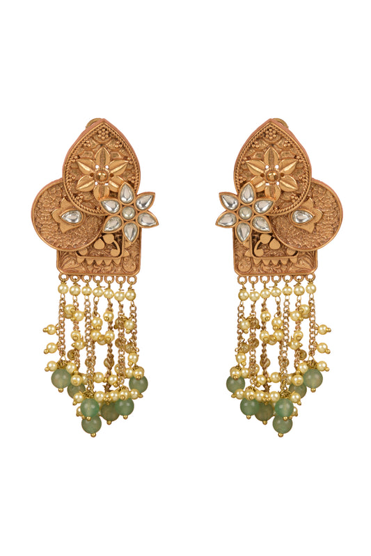 Gold Plated Carved Kundan Polki Dangler Earrings