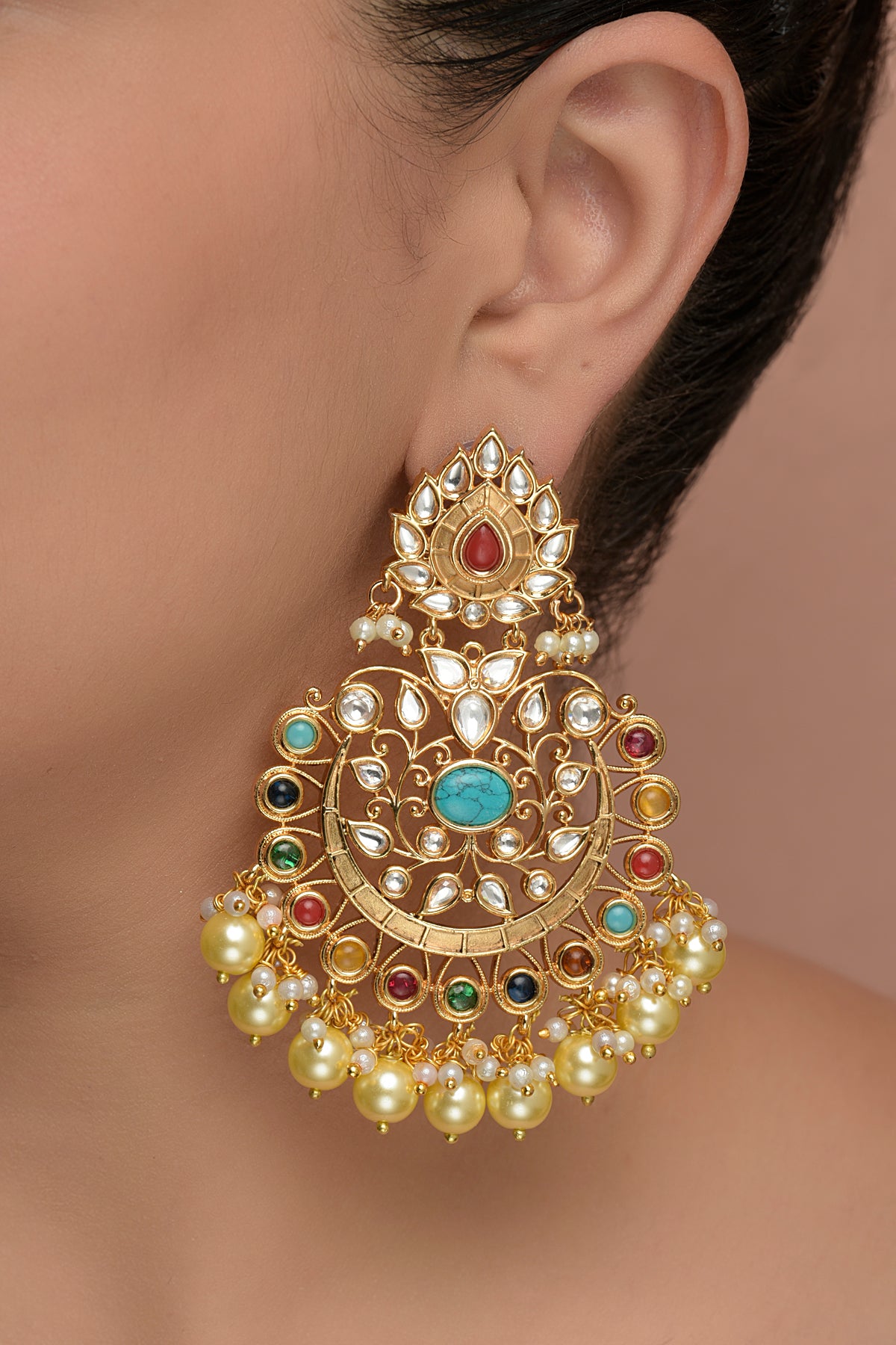 Gold Plated navrattan,  Kundan Polki & Pearl Drop Chandbaali Earrings