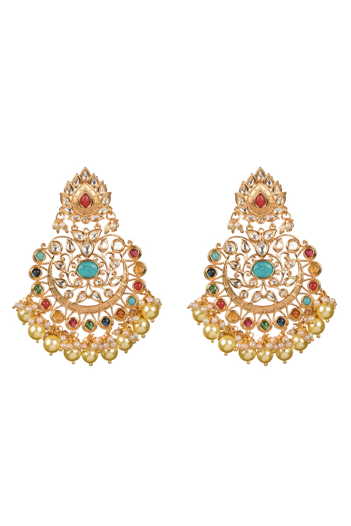 Gold Plated navrattan,  Kundan Polki & Pearl Drop Chandbaali Earrings