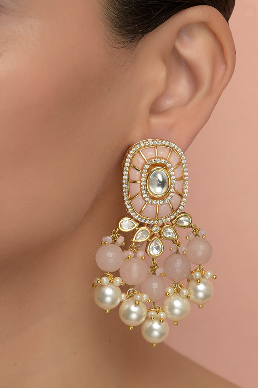 Gold Plated Pink Stone & Pearl Dangler Earrings