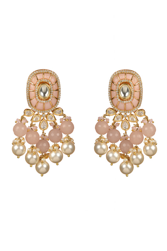 Gold Plated Pink Stone & Pearl Dangler Earrings