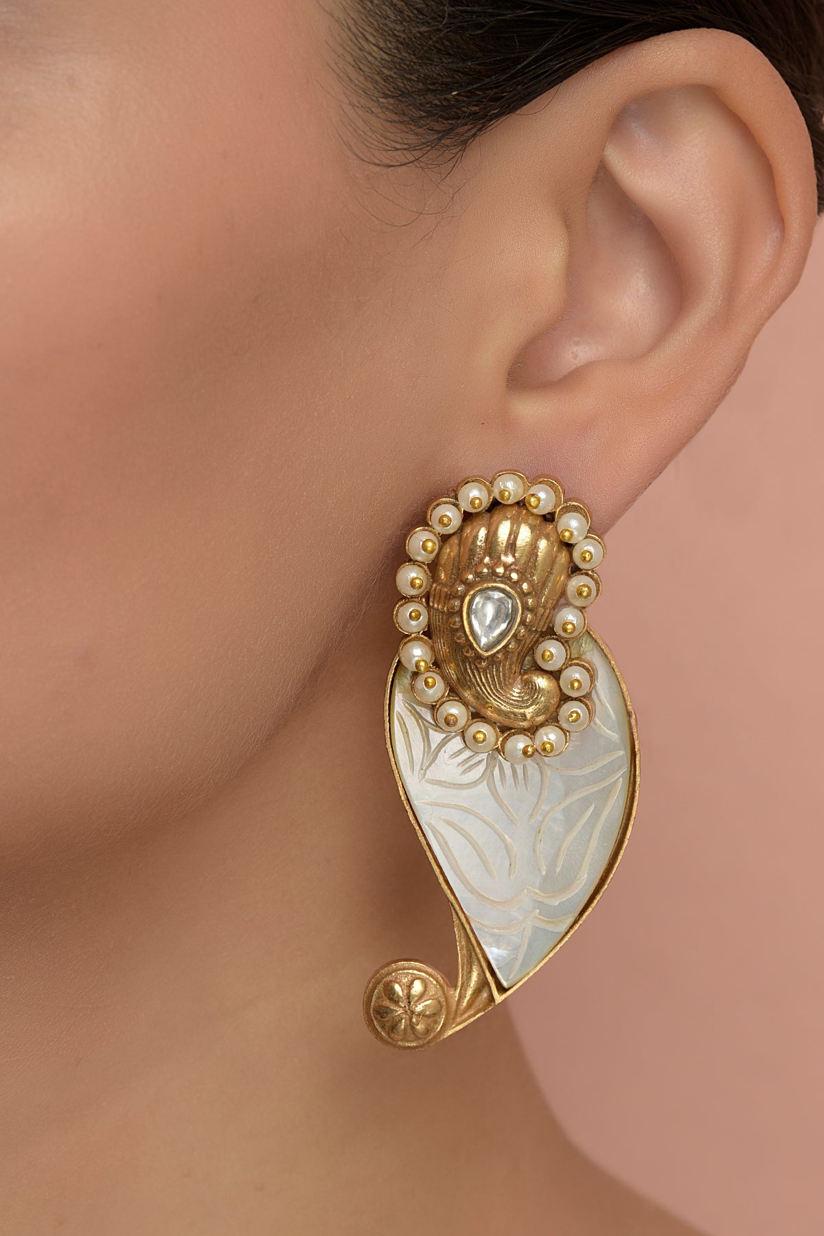 Gold Plated Kundan Polki Carved Mother of Pearl Dangler Earrings