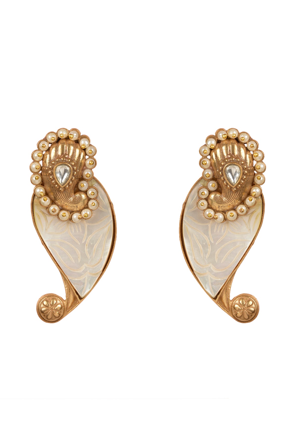 Gold Plated Kundan Polki Carved Mother of Pearl Dangler Earrings