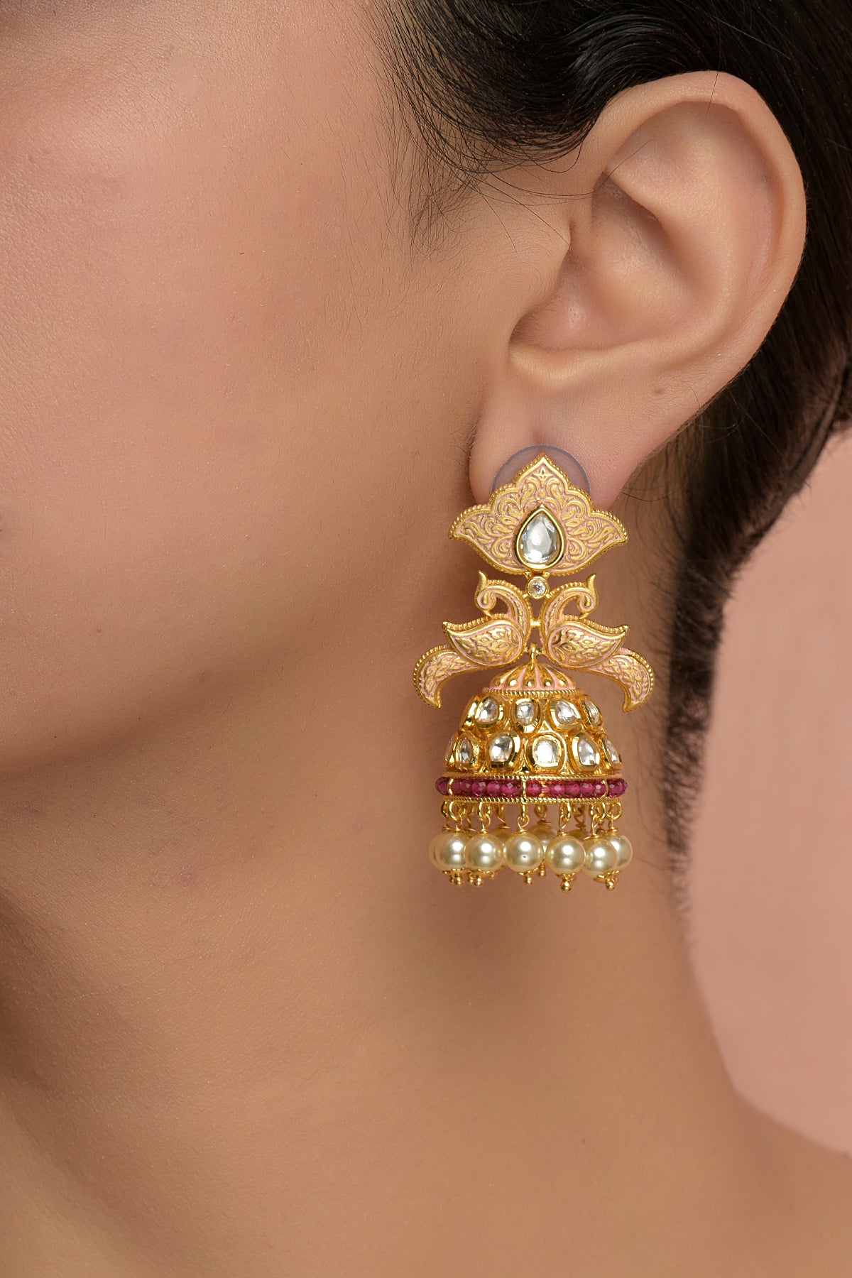Gold Plated Ruby Stone & Pearl Dangler Earrings