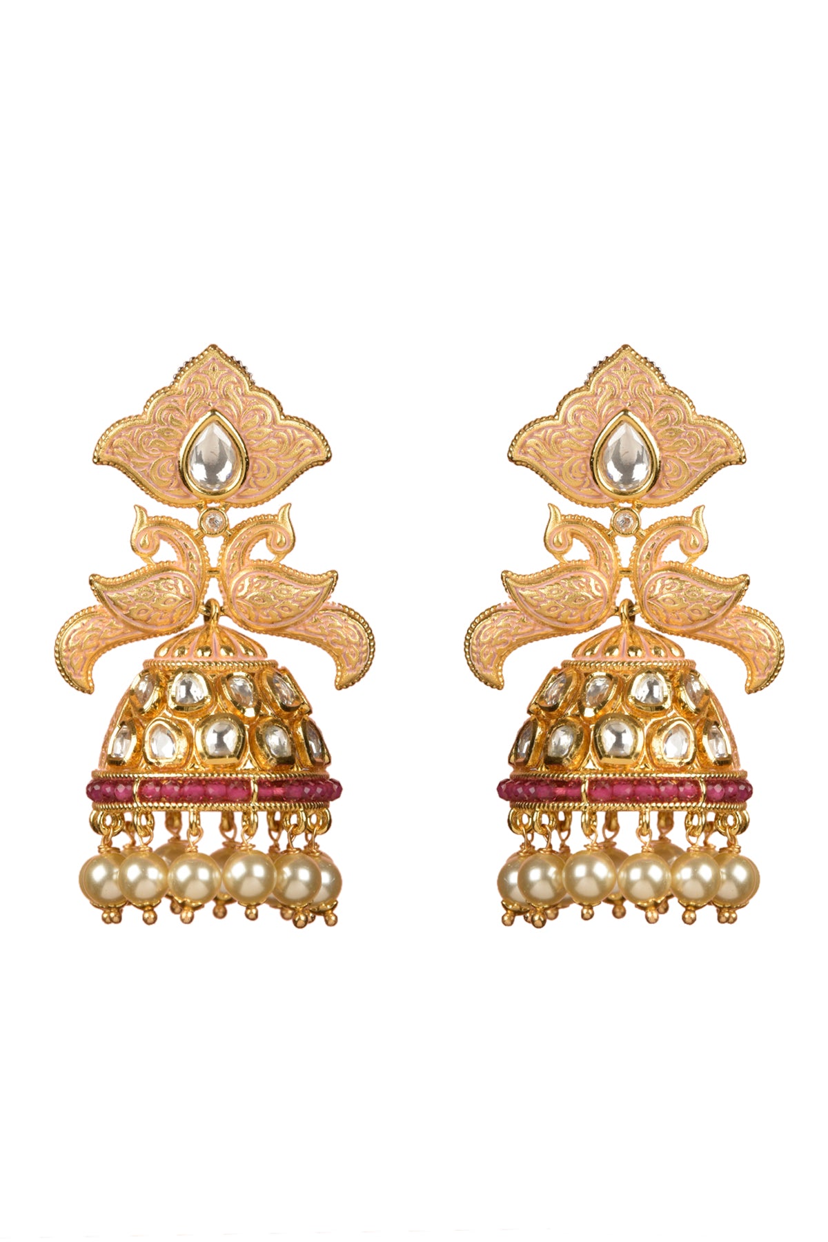 Gold Plated Ruby Stone & Pearl Dangler Earrings