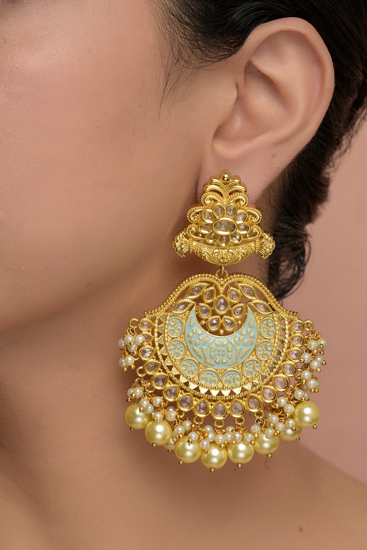 Gold Plated Kundan Polki Enamelled Chandbaali Earrings