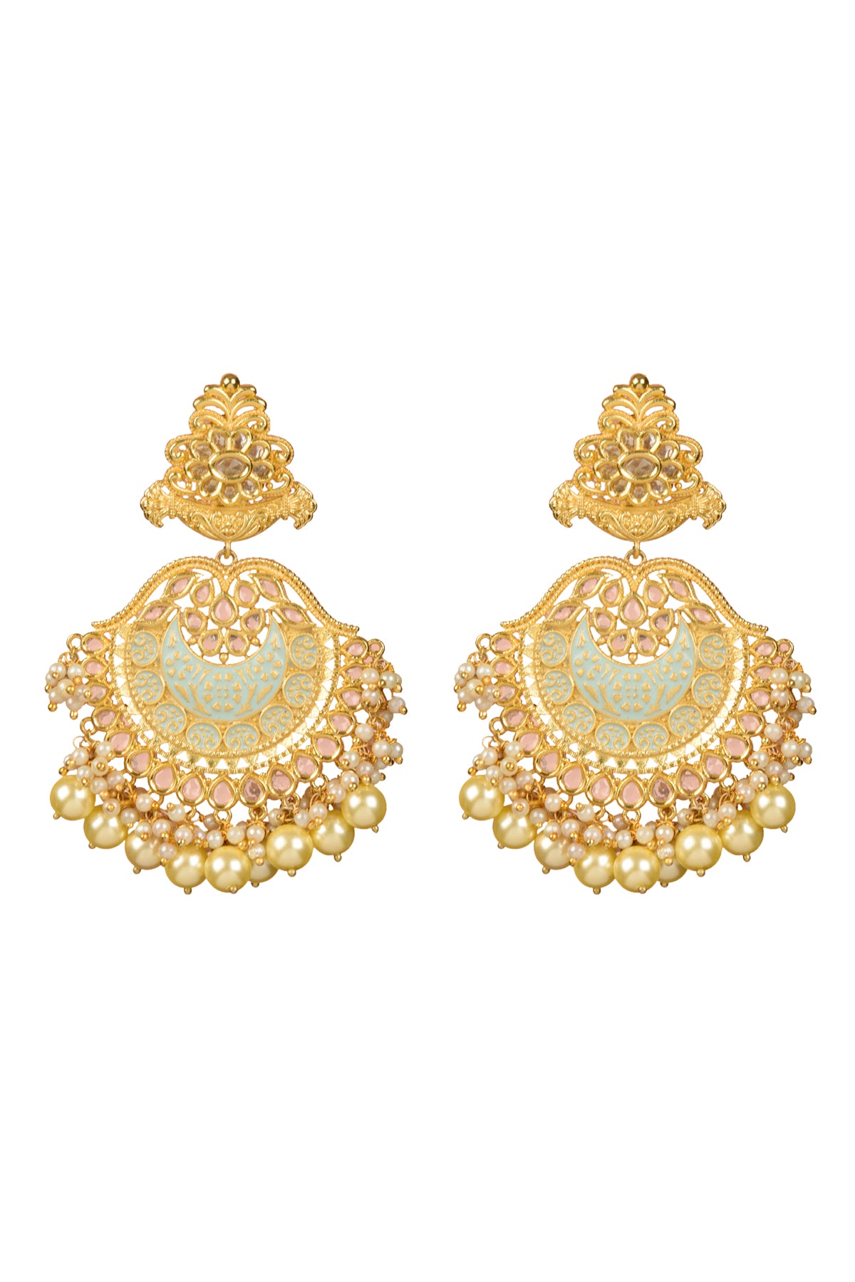 Gold Plated Kundan Polki Enamelled Chandbaali Earrings