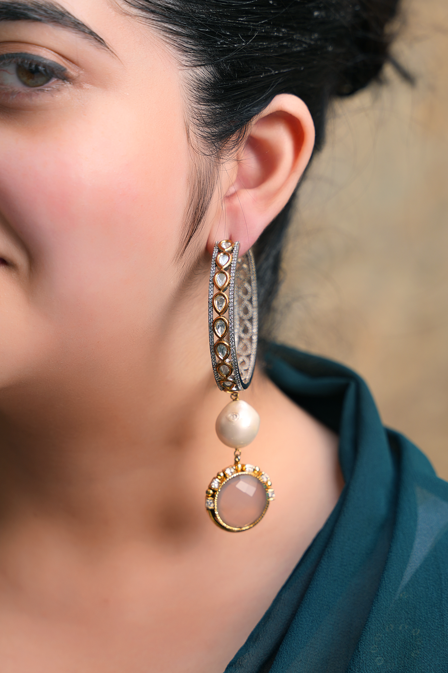 Gold Plated Kundan Polki Hoops with Pearls & Pink Chalcedony Dangler Earrings