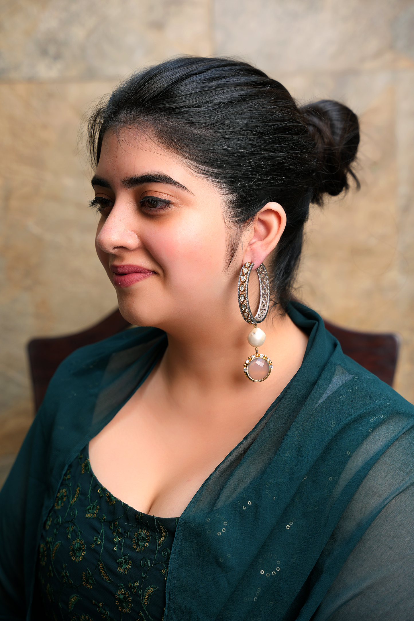 Gold Plated Kundan Polki Hoops with Pearls & Pink Chalcedony Dangler Earrings