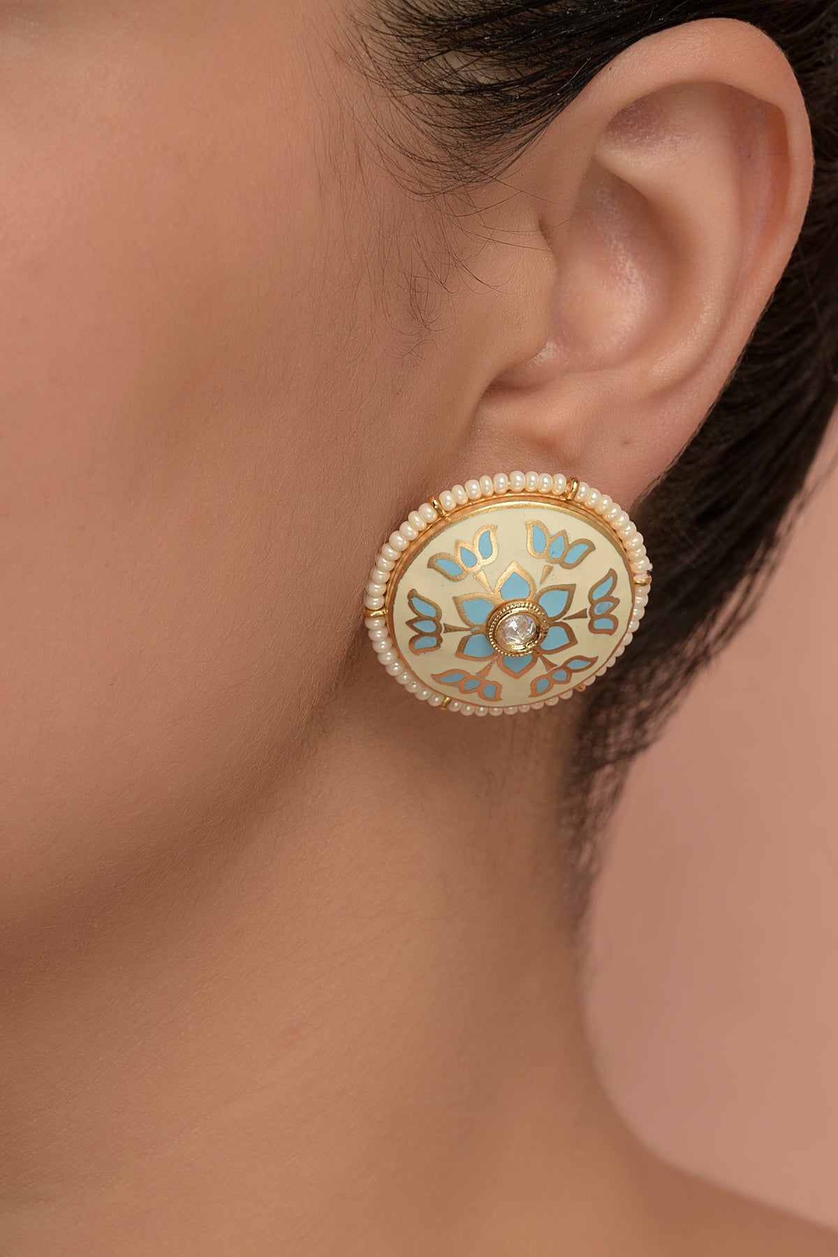 Gold Plated Kundan Polki Enamelled Stud Earrings