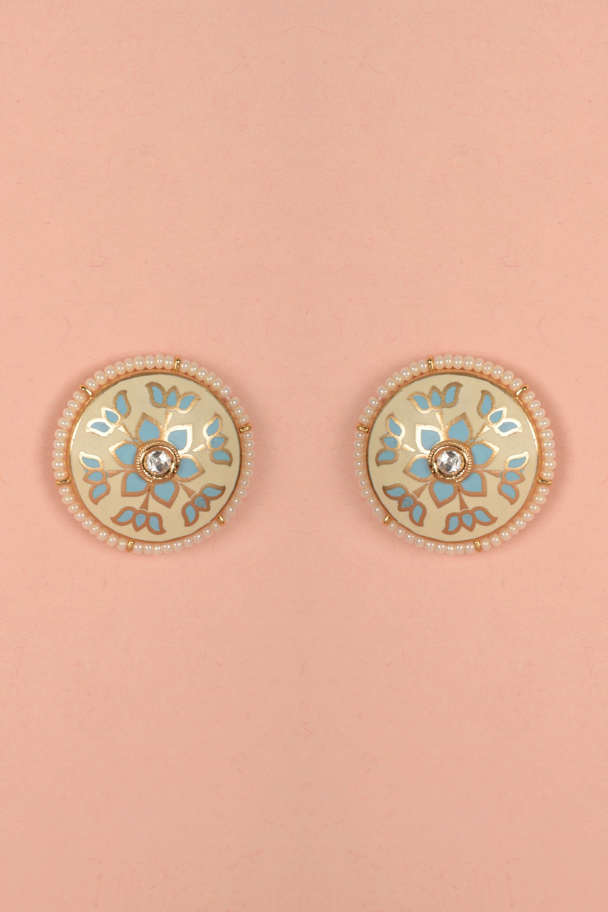 Gold Plated Kundan Polki Enamelled Stud Earrings