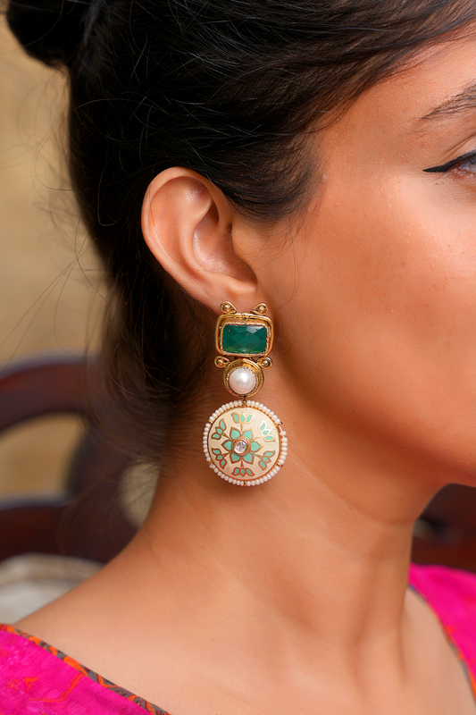 Gold plated Dangler Earrings with Agate, Pearls & Enamelled Disc hanging