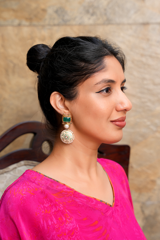 Gold plated Dangler Earrings with Agate, Pearls & Enamelled Disc hanging