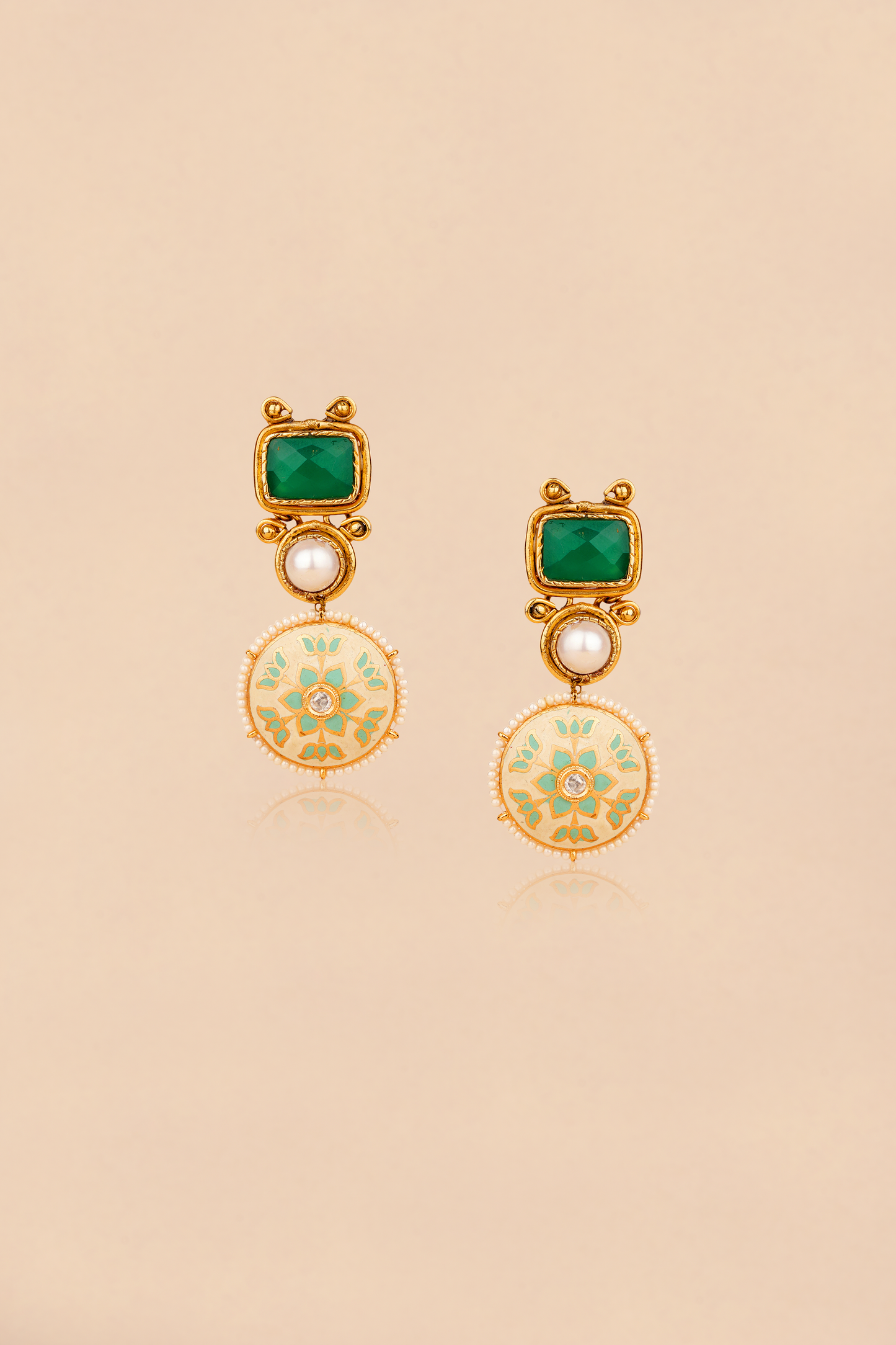 Gold plated Dangler Earrings with Agate, Pearls & Enamelled Disc hanging