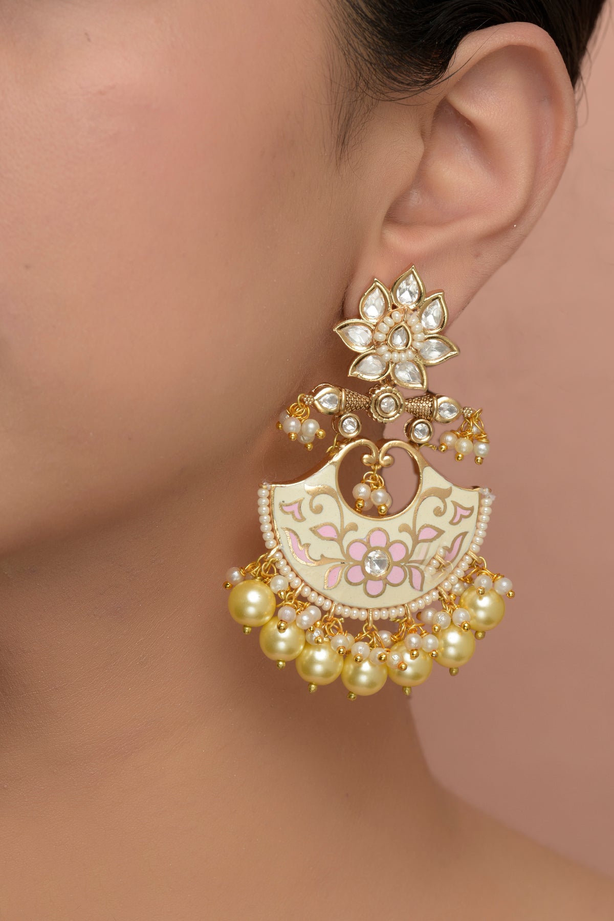Gold Plated Enamelled Kundan Polki & Pearl Chandbaali Earrings