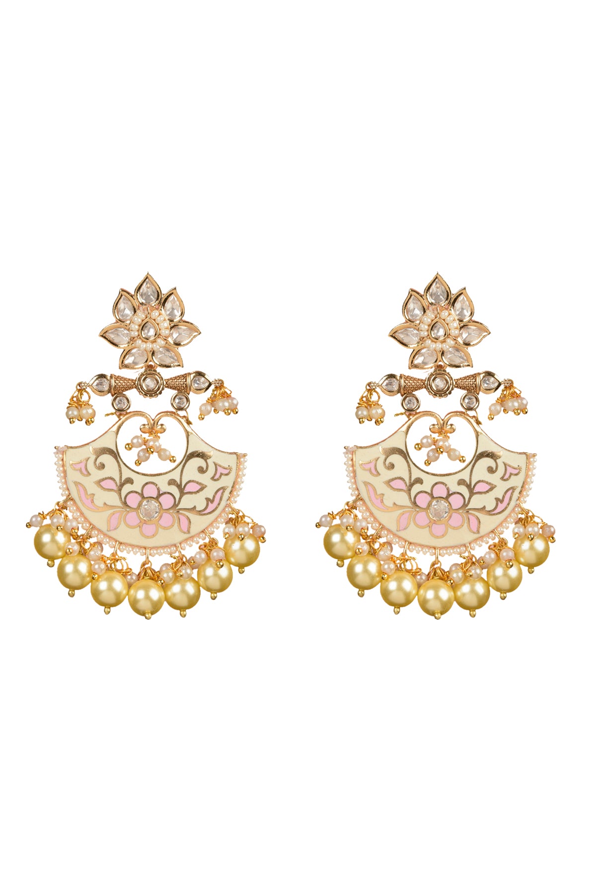 Gold Plated Enamelled Kundan Polki & Pearl Chandbaali Earrings