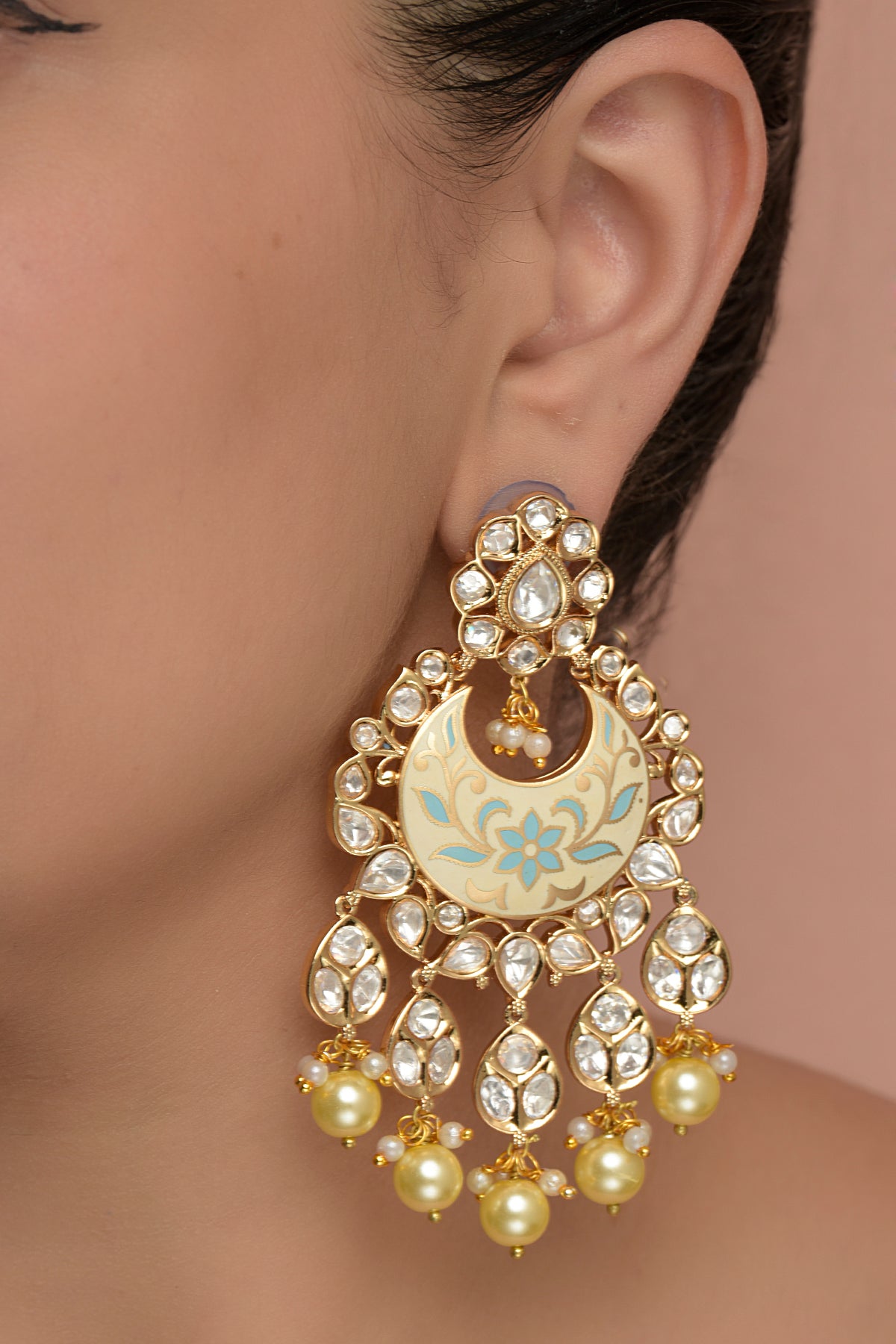 Gold Plated Kundan Polki Enamelled Chandbaali Earrings