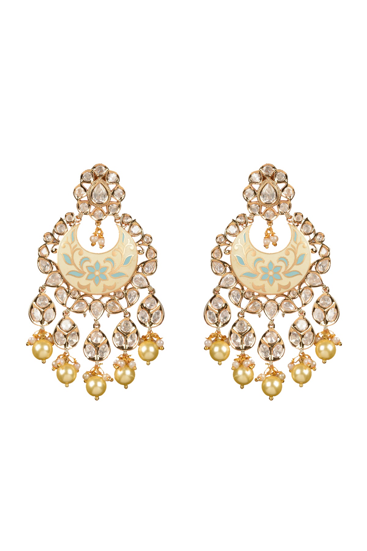 Gold Plated Kundan Polki Enamelled Chandbaali Earrings
