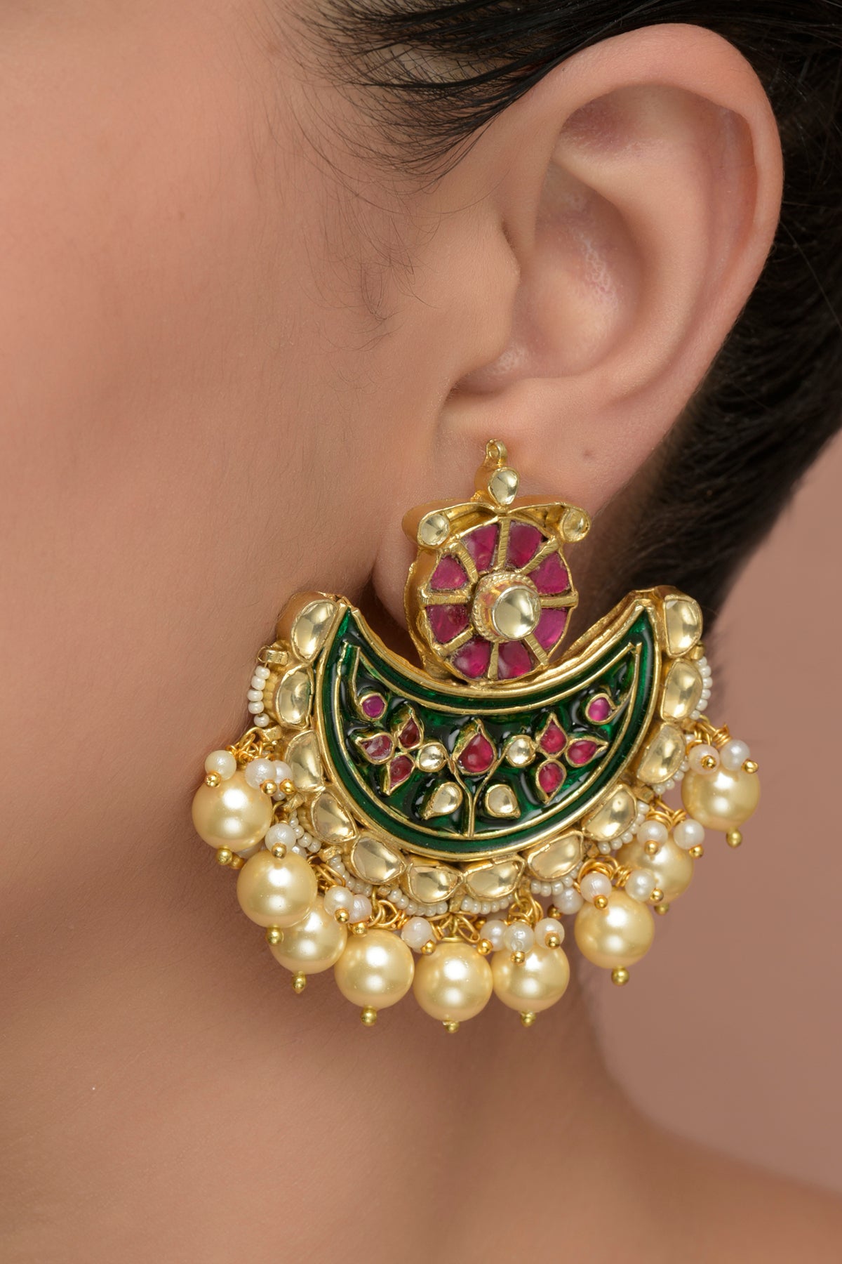Gold Plated Enamelled Kundan Polki & Pearl Drop Chandbaali Earrings