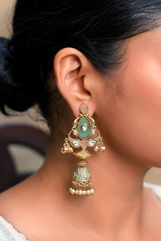 Gold Plated Kundan polki Earrings with Multi stones & Enamelled Jhumki