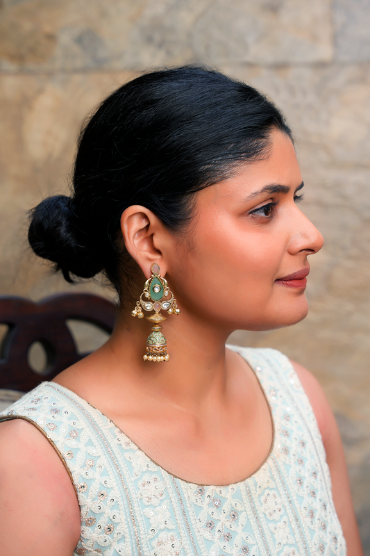 Gold Plated Kundan polki Earrings with Multi stones & Enamelled Jhumki