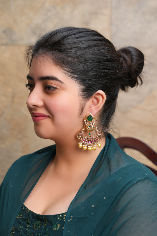 Gold Plated Kundan Polki  Peacock Chandbala With Red & Green Stones