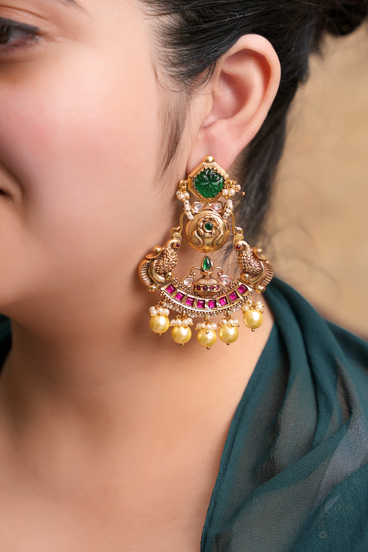 Gold Plated Kundan Polki  Peacock Chandbala With Red & Green Stones