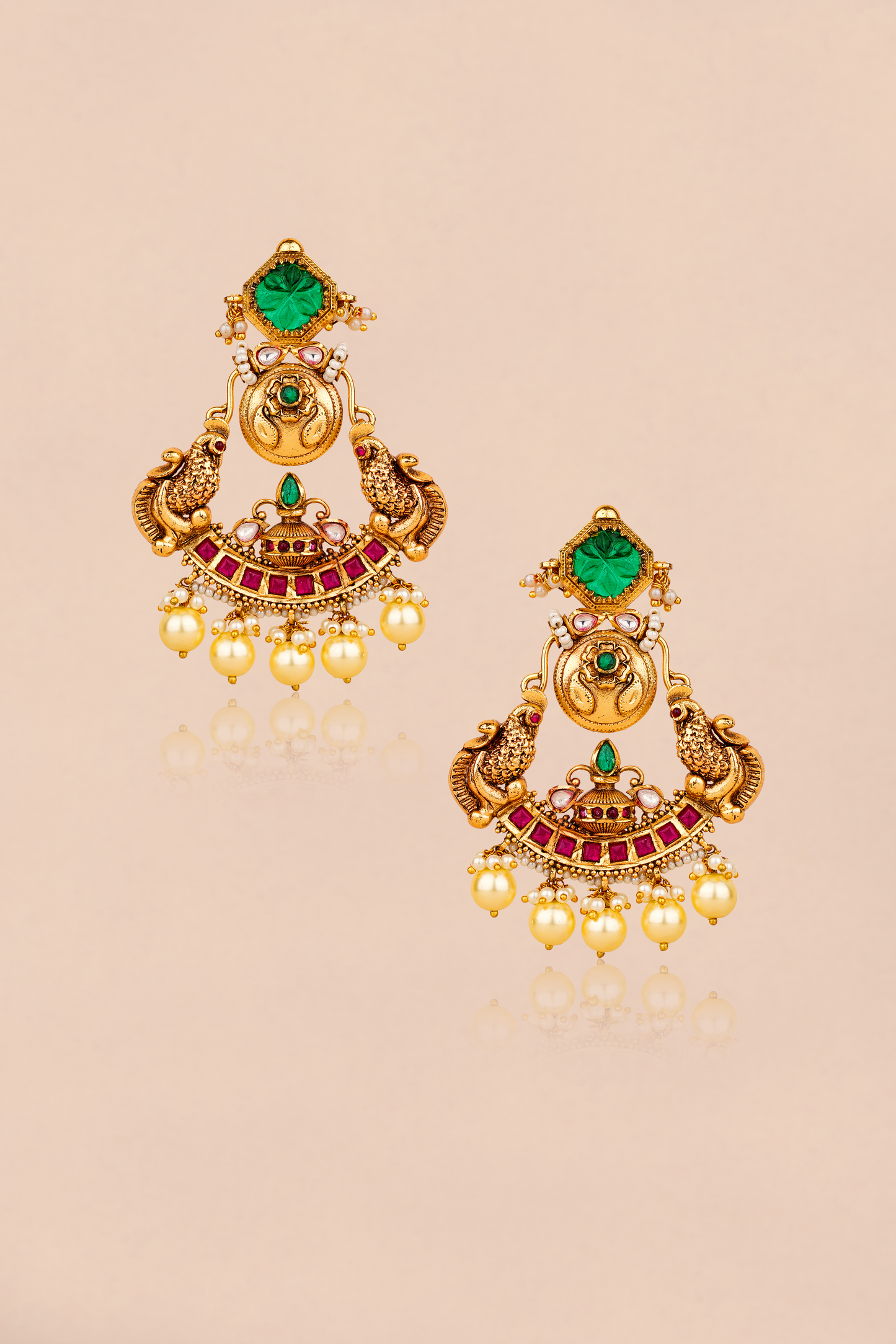 Gold Plated Kundan Polki  Peacock Chandbala With Red & Green Stones