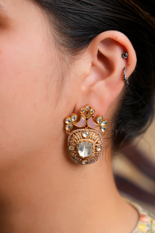 Gold Plated Kundan Polki Birds Earrings with Pink Stones