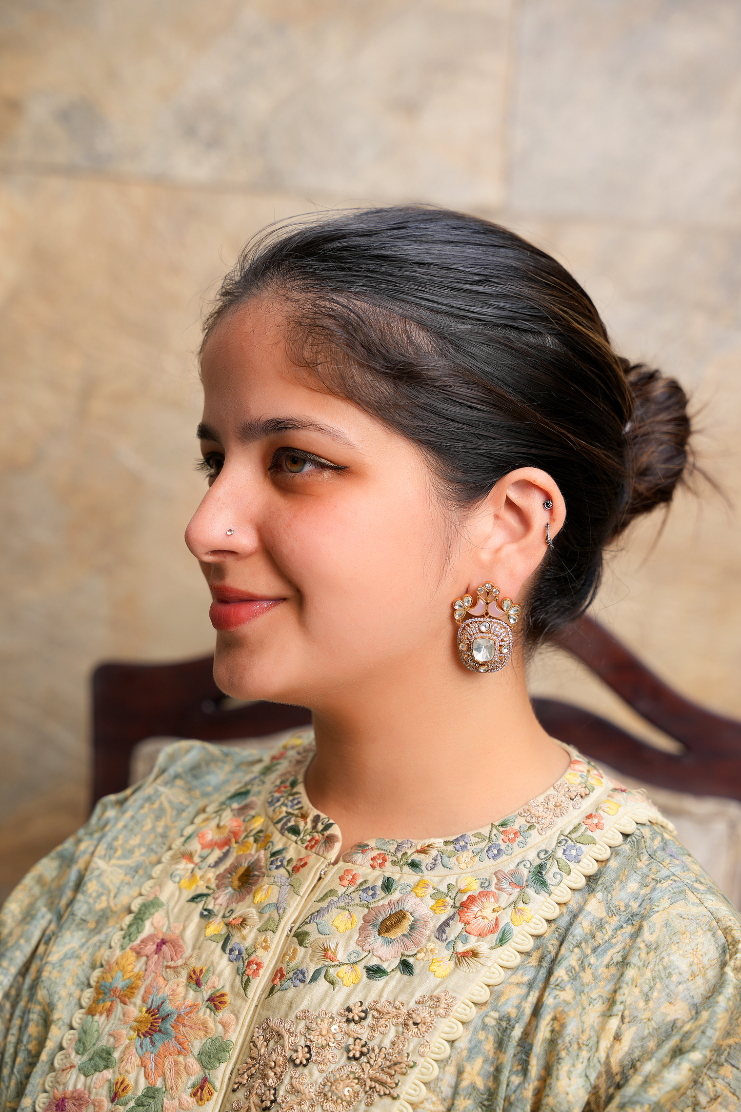 Gold Plated Kundan Polki Birds Earrings with Pink Stones