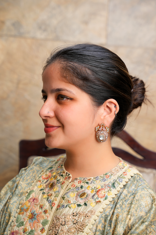 Gold Plated Kundan Polki Birds Earrings with Pink Stones