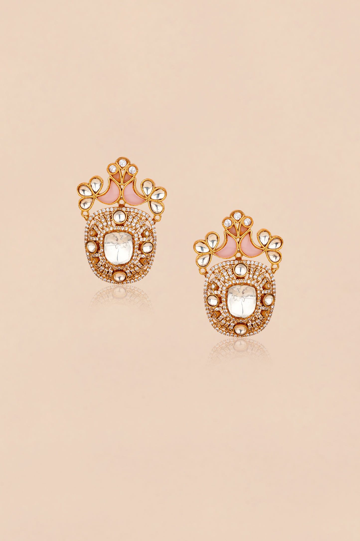 Gold Plated Kundan Polki Birds Earrings with Pink Stones