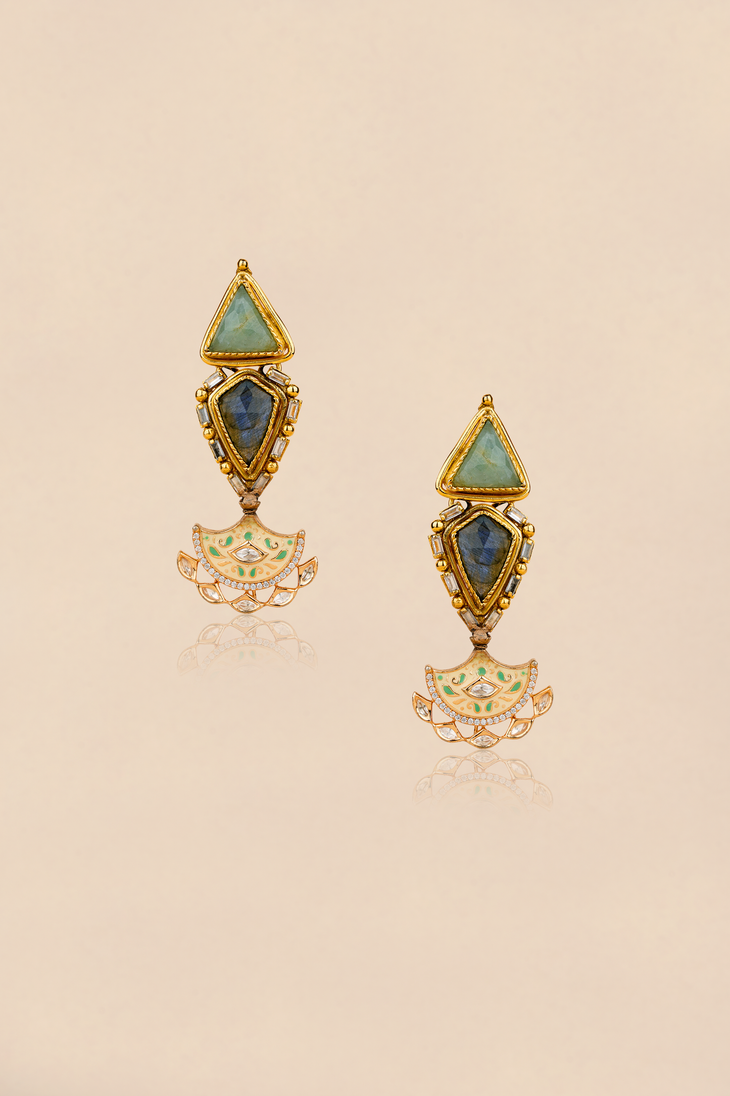 Gold Plated Labradorite Dangler Earrings with an Enamelled Kundan Polki Hanging