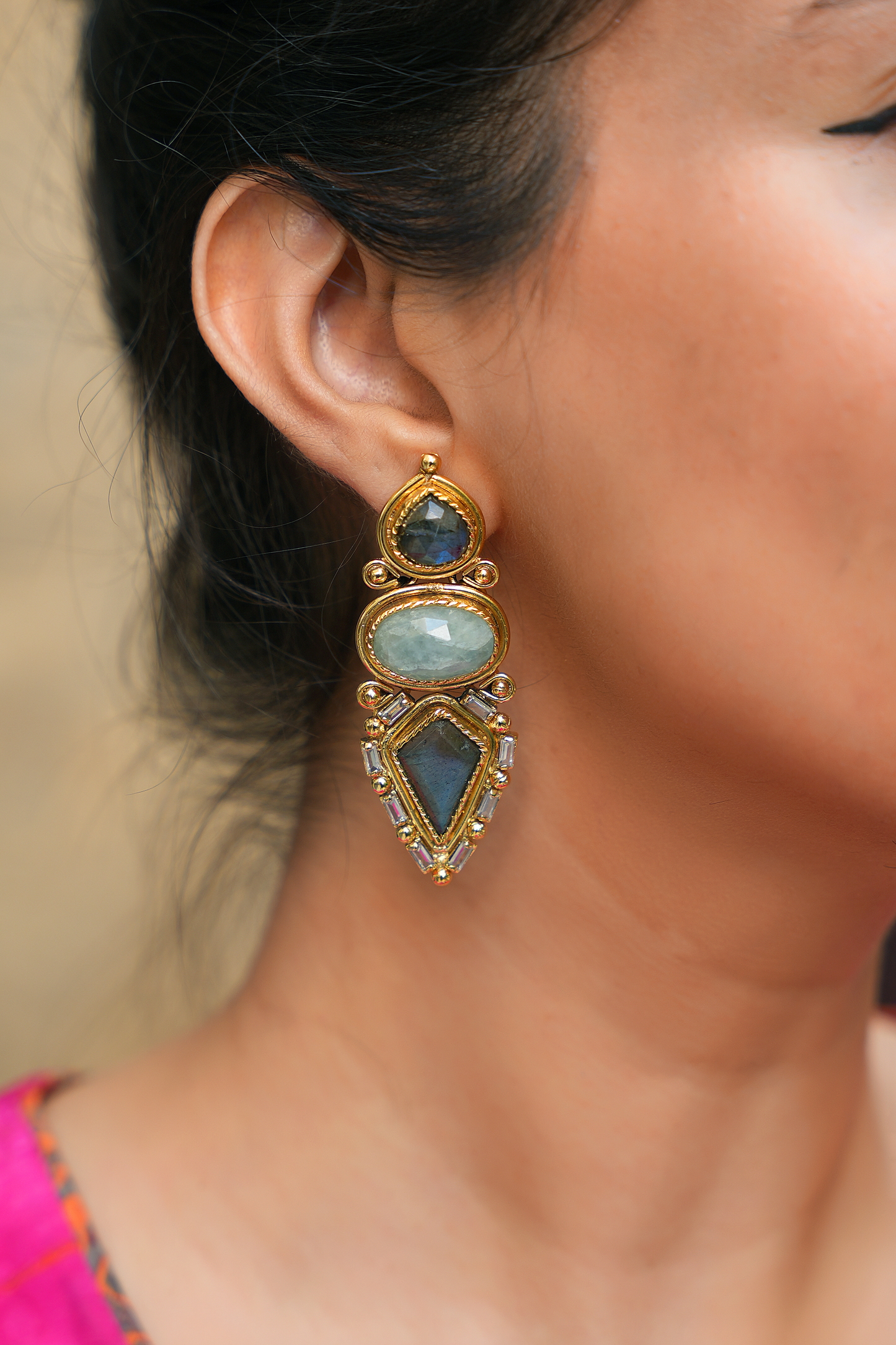 Gold Plated Labradorite Dangler Earrings with American  Diamonds