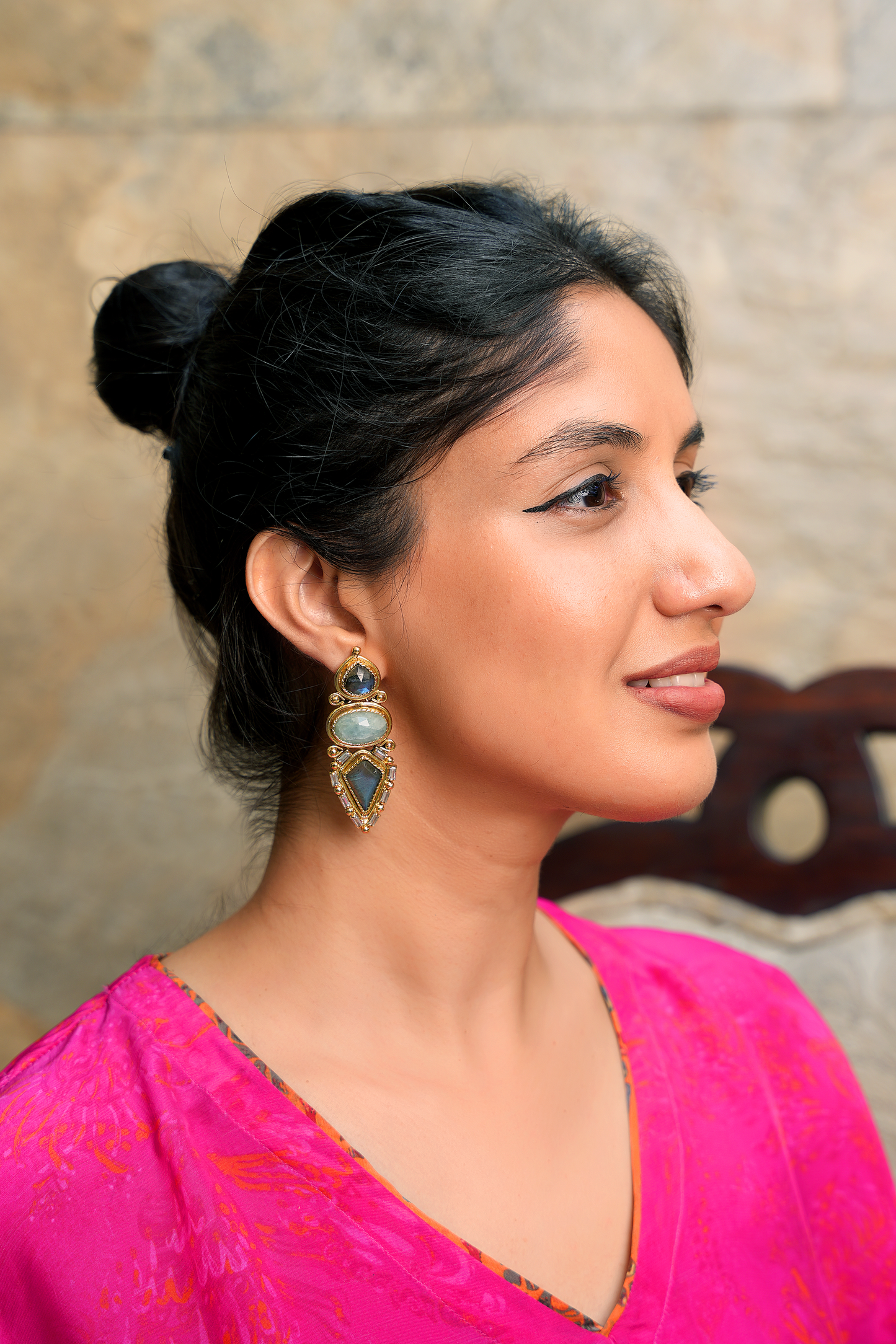 Gold Plated Labradorite Dangler Earrings with American  Diamonds