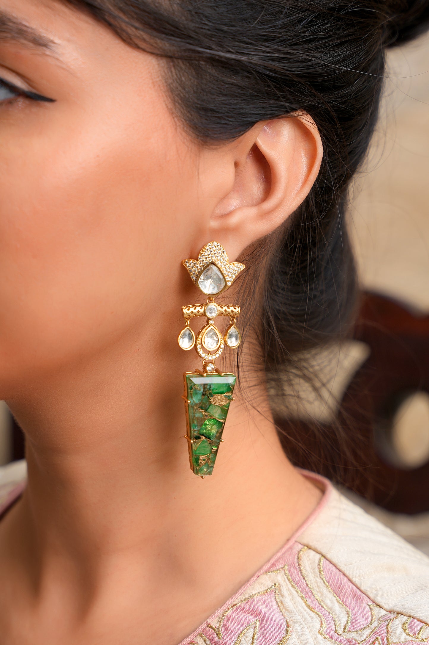 Gold Plated Kundan Polki Dangler with  a Green Stone