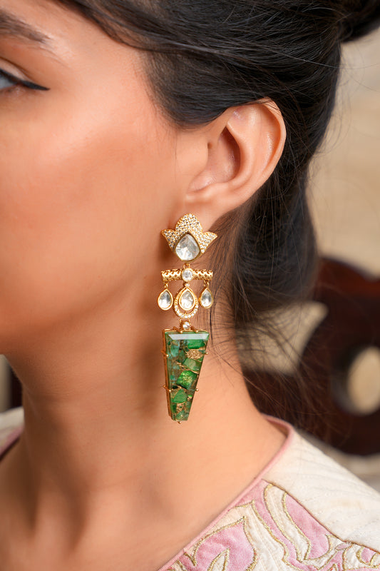 Gold Plated Kundan Polki Dangler with  a Green Stone