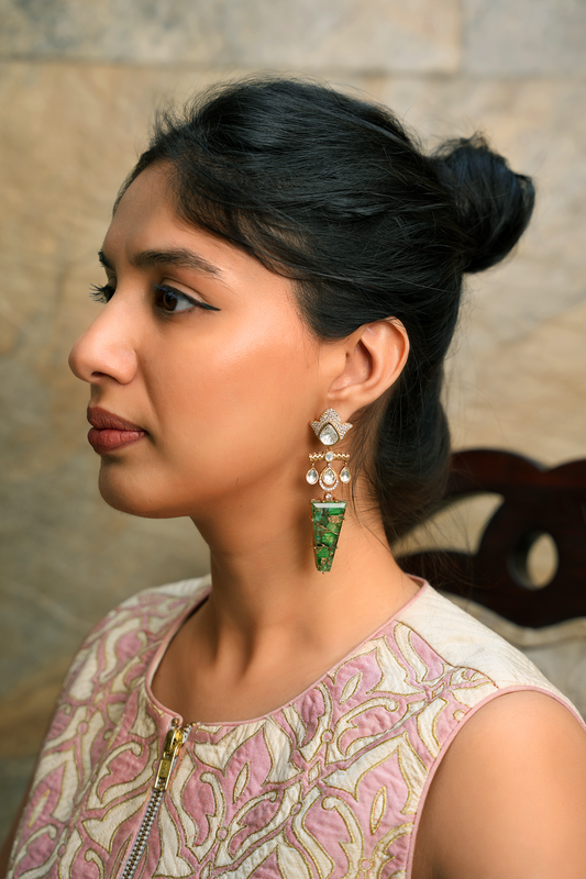 Gold Plated Kundan Polki Dangler with  a Green Stone