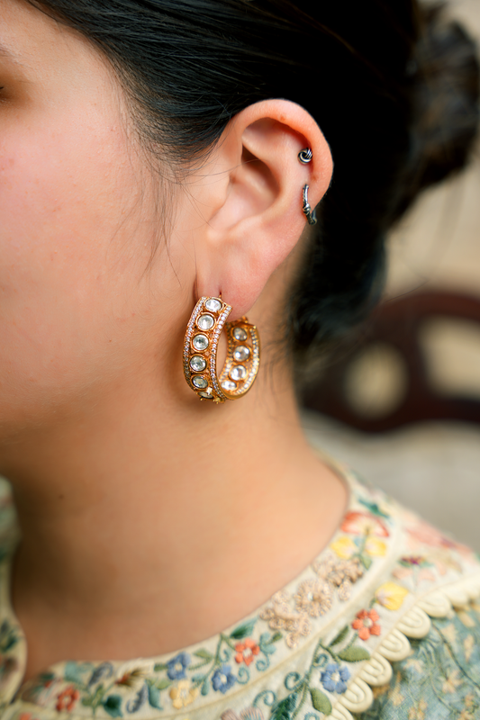 Gold Plated Curved Kundan Polki Hoop with American Diamond
