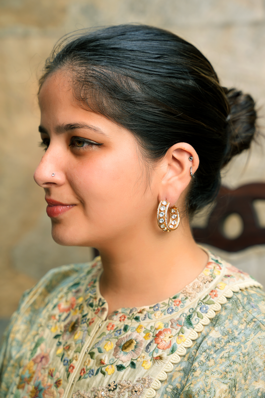 Gold Plated Curved Kundan Polki Hoop with American Diamond
