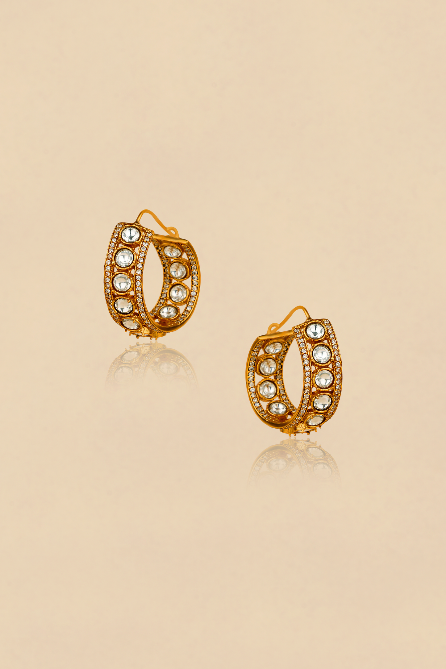 Gold Plated Curved Kundan Polki Hoop with American Diamond